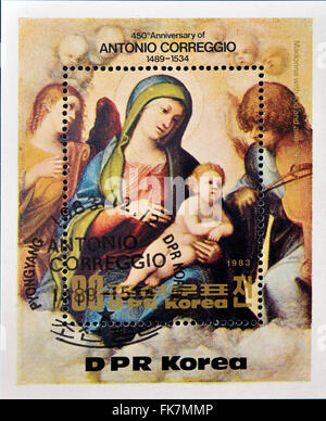 Nordkorea - ca. 1983: Eine Briefmarke gedruckt in Nordkorea zeigt eine Reproduktion der Correggio oder Antonio Allegri Malerei Stockfoto