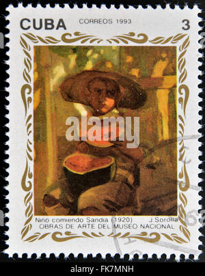 Kuba - ca. 1993: Eine Briefmarke gedruckt in Kuba zeigt die Arbeit "Kind essen Wassermelone (1920) von Joaquin Sorolla, ca. 1993 Stockfoto