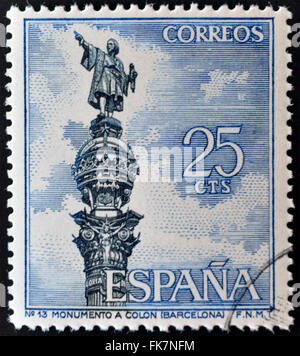 Spanien - ca. 1965: eine Briefmarke gedruckt in Spanien zeigt Kolumbus-Denkmal, Barcelona, Christopher Columbus, ca. 1965 Stockfoto