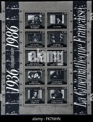 Frankreich - CIRCA 1986: Collection de Briefmarken zur Hundertjahrfeier der französischen Kino zeigt verschiedene Szenen der Filme, ca. 19 Stockfoto