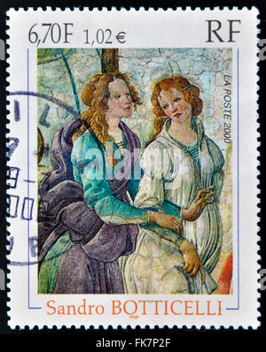Frankreich - CIRCA 2000: Eine Briefmarke gedruckt in Frankreich zeigt Details der Venus und die drei Grazien von Sandro Botticelli Stockfoto
