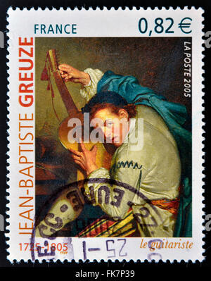 Frankreich - ca. 2005: Eine Briefmarke gedruckt in Frankreich zeigt Bild der Gitarrist (Le Guitariste) vom französischen Künstler Jean-Baptiste Greuze Stockfoto