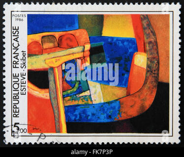 Frankreich - CIRCA 1986: eine Briefmarke gedruckt in Frankreich zeigt Skibet, Zusammenfassung von Maurice Esteve, ca. 1986 Stockfoto
