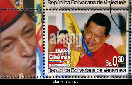 BOLIVARIAN Republik von VENEZUELA - ca. 2013: Eine Briefmarke gedruckt in Venezuela zeigt Hugo Rafael Chávez (1954 – 2013), Präsident Stockfoto