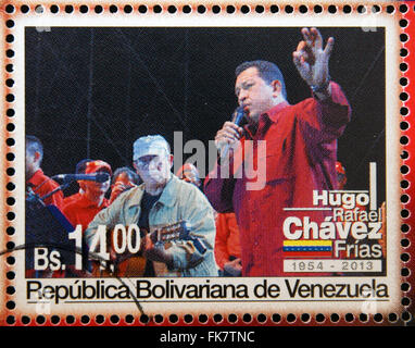 BOLIVARIAN Republik von VENEZUELA - ca. 2013: Eine Briefmarke gedruckt in Venezuela zeigt Hugo Rafael Chávez (1954 – 2013), Präsident Stockfoto