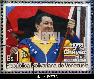 BOLIVARIAN Republik von VENEZUELA - ca. 2013: Eine Briefmarke gedruckt in Venezuela zeigt Hugo Rafael Chávez (1954 – 2013), Präsident Stockfoto