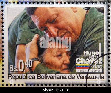 BOLIVARIAN Republik von VENEZUELA - ca. 2013: Eine Briefmarke gedruckt in Venezuela zeigt Hugo Rafael Chávez (1954 – 2013), Präsident Stockfoto