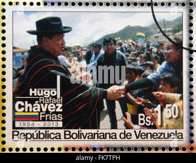 BOLIVARIAN Republik von VENEZUELA - ca. 2013: Eine Briefmarke gedruckt in Venezuela zeigt Hugo Rafael Chávez (1954 – 2013), Präsident Stockfoto