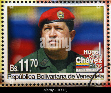 BOLIVARIAN Republik von VENEZUELA - ca. 2013: Eine Briefmarke gedruckt in Venezuela zeigt Hugo Rafael Chávez (1954 – 2013), Präsident Stockfoto