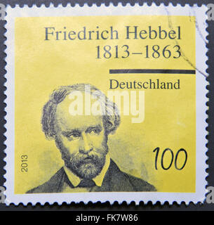 Deutschland - ca. 2013: Briefmarke gedruckt in Deutschland zeigt Dramatiker und Dichter Friedrich Hebbel, ca. 2013 Stockfoto