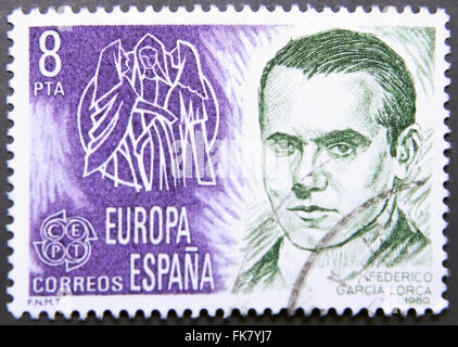 Spanien - CIRCA 1980: Briefmarke gedruckt in Spanien, zeigt Porträt von Federico Garcia Lorca, ca. 1980 Stockfoto