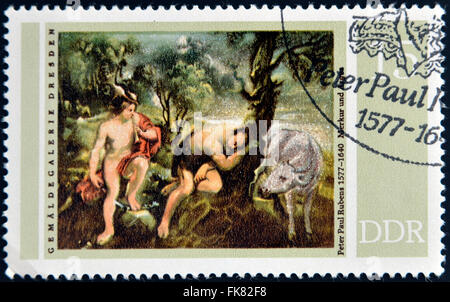 Deutschland - CIRCA 1977: eine Briefmarke gedruckt in DDR (Ostdeutschland) zeigt Merkur und Argus, Gemälde von Rubens, circa 1977 Stockfoto