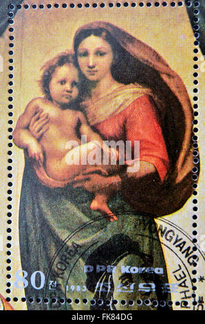 DPR KOREA - ca. 1983: Eine Briefmarke gedruckt in Nordkorea zeigt Sixtinische Madonna, Gemälde von Raffael, ca. 1983 Stockfoto