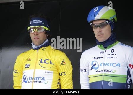 Condé-Sur-Vesgre, Frankreich. 7. März 2016. Michael Matthews Sur le Podium au Départ De La 1ere Etape de Paris - Nizza Condé-Sur-Vesgre/Vendome Credit: Laurent Lairys/Agence Locevaphotos/Alamy Live News Stockfoto