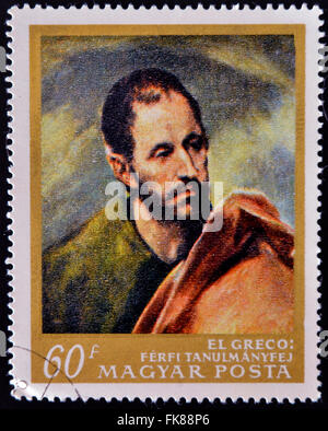 Ungarn - ca. 1968: eine Briefmarke gedruckt in Ungarn zeigt Selbstportrait von El Greco, der berühmte Künstler der spanischen Renaissance Stockfoto