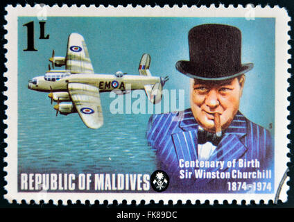 Malediven - CIRCA 1974: Eine Briefmarke gedruckt auf den Malediven zur Hundertjahrfeier der Geburt Sir Winston Churchill, ca. 1974 Stockfoto