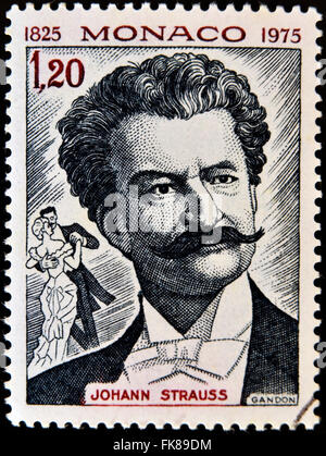 MONACO - ca. 1975: Eine Briefmarke gedruckt in Monaco zeigt Bild Porträt des berühmten österreichischen Komponisten Johann Strauss, ca. 197 Stockfoto