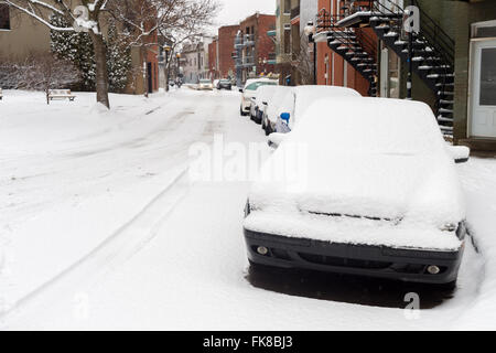 Montreal, CA, 7. März 2016. Gilford Street im Schneesturm Stockfoto