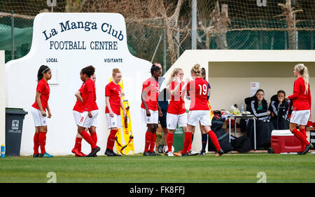 La Manga, Spanien. 7. März 2016. Freundlichen Fußballspiel 8-Nationen-Turnier zwischen England Vs Dänemark Frauen unter 19 © ABEL Stockfoto