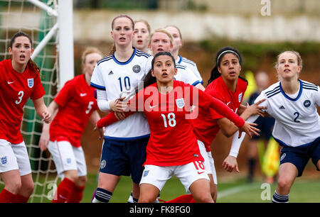 La Manga, Spanien. 7. März 2016. Freundlichen Fußballspiel 8-Nationen-Turnier zwischen England Vs Dänemark Frauen unter 19 © ABEL Stockfoto