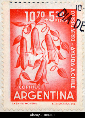 Argentinien - ca. 1960: Briefmarken gedruckt in Argentinien Chile zeigt Lapageria, chilenische Glockenblume oder Copihue helfen gewidmet Stockfoto