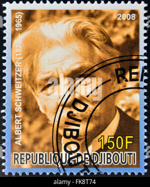 Dschibuti - CIRCA 2008: Briefmarke gedruckt in Dschibuti Friedensnobelpreisträger Preise, die Franzosen Albert Schweitzer, circa 2008 zeigt gewidmet Stockfoto