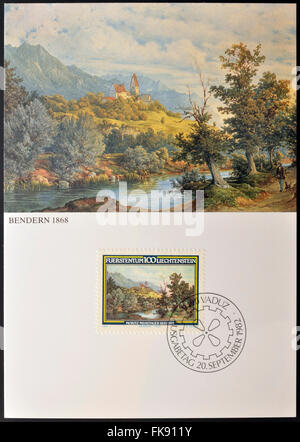 LIECHTENSTEIN - CIRCA 1982: Briefmarke gedruckt in Liechtenstein widmet sich die Geburt von Moritz Menzinger, zeigt Bendern, 1868 Stockfoto