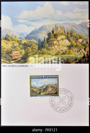 LIECHTENSTEIN - CIRCA 1982: Briefmarke gedruckt in Liechtenstein widmet sich die Geburt von Moritz Menzinger, zeigt Neu Schellenberg Stockfoto