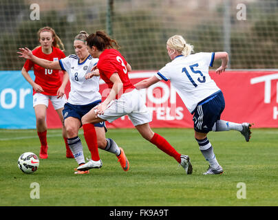 La Manga, Spanien. 7. März 2016. Freundlichen Fußballspiel 8-Nationen-Turnier zwischen England Vs Dänemark Frauen unter 19 © ABEL Stockfoto