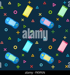 Mobiltelefone und buntes Spiel pad Controller. Nahtlose Muster für Stoff, Packpapier und Hintergrundbild Stock Vektor