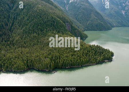 Eine Luftaufnahme von der eisigen Schlamm gefüllt Wasser des Rivers Inlet in der Great Bear Rainforest von British Columbia, Kanada. Stockfoto