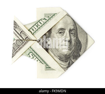 Hundert Dollar Origami Fisch isolierten auf weißen Hintergrund. Moneygami. Fette Beute. Stockfoto