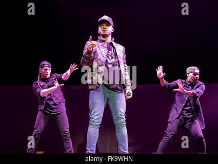 Aston Merrygold führt bei Manchester Arena Featuring: Aston Merrygold wo: Manchester, Vereinigtes Königreich bei: 4. Februar 2016 Stockfoto