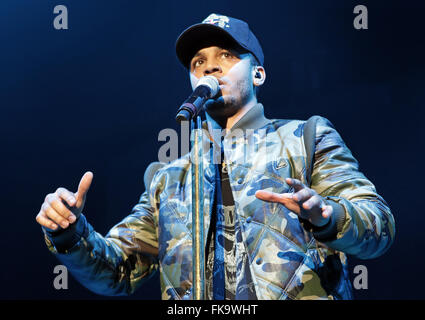 Aston Merrygold führt bei Manchester Arena Featuring: Aston Merrygold wo: Manchester, Vereinigtes Königreich bei: 4. Februar 2016 Stockfoto