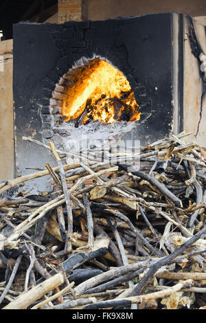 Kontrollierte Holz zum Brennen von Gestrüpp Blöcke des Tones in Manufakturen in der bahianischen Hinterland Stockfoto