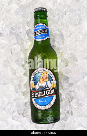 St. Pauli Girl Bierflasche auf einem Bett aus Eis, Draufsicht, Hochformat. Stockfoto