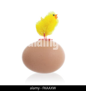 Ostern-Küken, die rund um ein großes Ei, isoliert Stockfoto