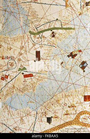 Die katalanischen Atlas, 1375. Die mallorquinischen jüdische Kartografen Abraham und Jehuda Cresques zugeschrieben, war der König von Aragon. Nationale Bibliothek von Frankreich, Paris. Stockfoto