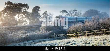 der Zug von Exeter nach London Waterloo, vorbei an einem frostigen Morgen im Milborne Wick, Somerset, England Stockfoto