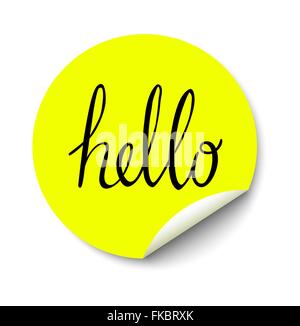 Vektor gelben Kreis Aufkleber mit gewellten Ecke und Hallo Text innerhalb Stock Vektor