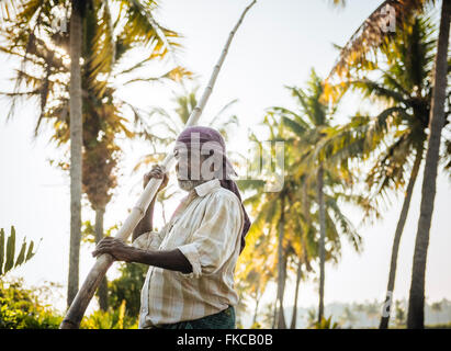 Anthony der Bootsmann Führung des Schiffes durch Keralas Backwaters in der Nähe von North Paravoor, Kerala, Indien Stockfoto