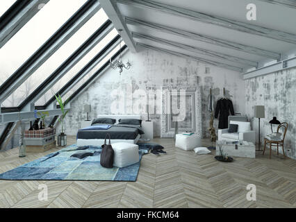 Moderne Schlafzimmer mit großen vertikalen geneigten Fenstern, gewölbte