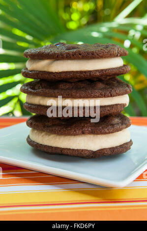 Stapel von double chocolate Chip Cookie und Erdnussbutter Eis Sandwiches mit einem tropischen Hintergrund Stockfoto