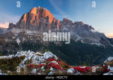 erstes Licht auf Tofana de Rozes von Cinque Torri, Dolomiten, Provinz Belluno, Region Venetien, Italien Stockfoto