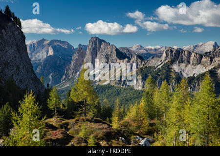 Blick über Cristallo und die Dolomiten von Ciadin del Luodo, Provinz Belluno, Region Venetien, Italien Stockfoto