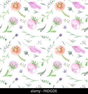 Nahtlose leichte elegante romantische Textur mit Wiesenblumen und Kräuter auf weißem Hintergrund Stockfoto