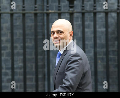 Sajid Javid, Staatssekretär für Wirtschaft, Innovation und Kompetenz, kommt in der Downing Street für die wöchentlichen Kabinettssitzung Stockfoto