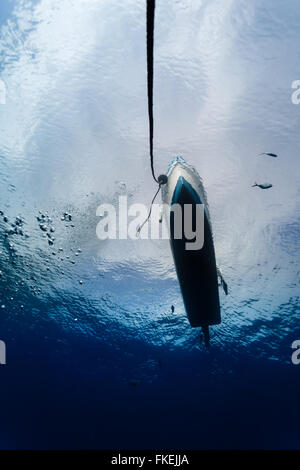 Unterwasser-Blick von unten Tauchboot auf blauen Wassern Stockfoto