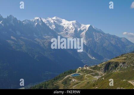 Chalet De La Flegere und Mont Blanc, in der Nähe von Chamonix, Frankreich Stockfoto