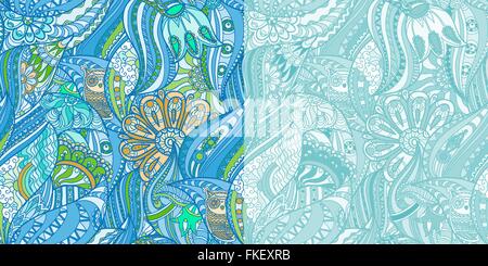 Blaue Muster mit Eulen im Wald Stock Vektor